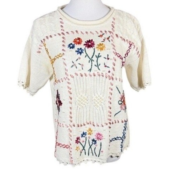 Shenanigans Sweaters - Shenanigans Sweater Womens Small Cream Floral Embroidered Ribbon Pearl‎ Vintage